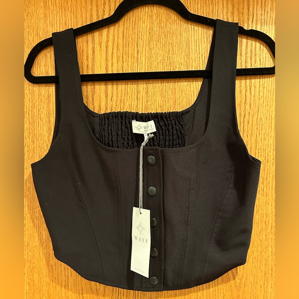 NWT WAYF Cora Snap-Front Crop Top, Square Neck, Bustier Style; Black, Medium